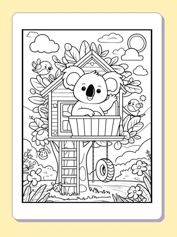 Koala On A Treehouse Balcony coloring page: black and white line art to print or color online
