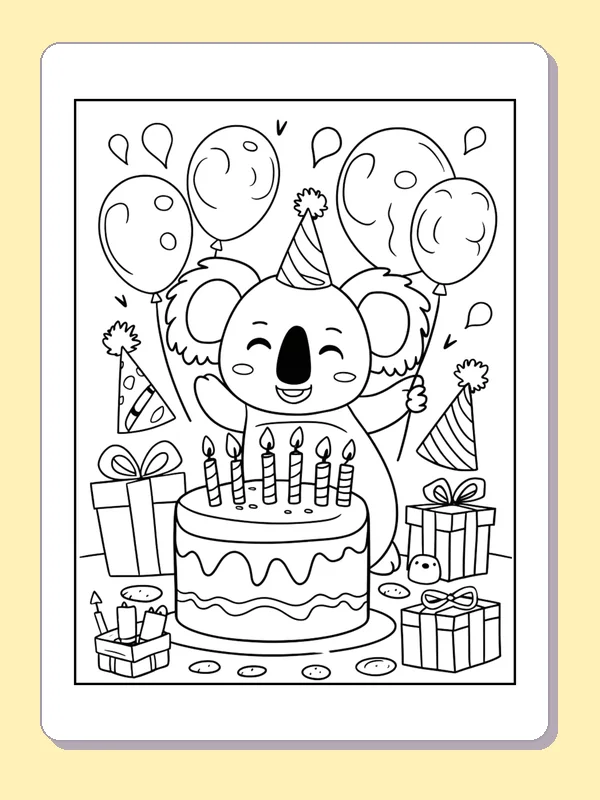 Koala Party With Gifts And Balloons coloring page: black and white line art to print or color online