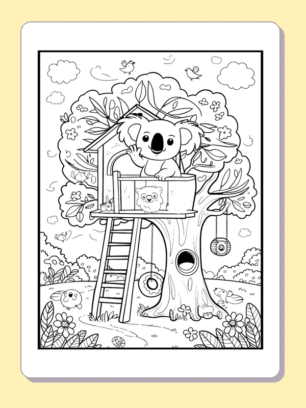 Koala Peeking From A Leafy Home coloring page: black and white line art to print or color online