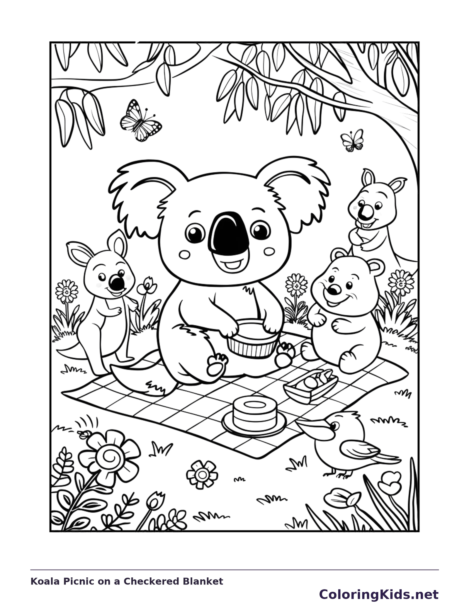 Koala Picnic on a Checkered Blanket coloring page: black and white line art to print or color online