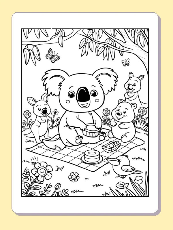 Koala Picnic on a Checkered Blanket coloring page: black and white line art to print or color online