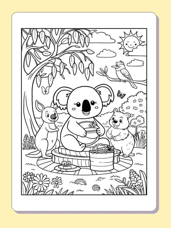 Koala Picnic Under The Leaves coloring page: black and white line art to print or color online