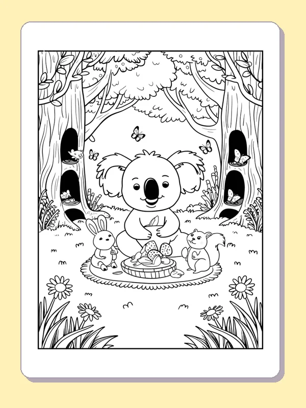 Koala Picnic With Forest Friends coloring page: black and white line art to print or color online