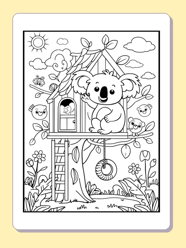 Koala Sitting By A Treehouse coloring page: black and white line art to print or color online