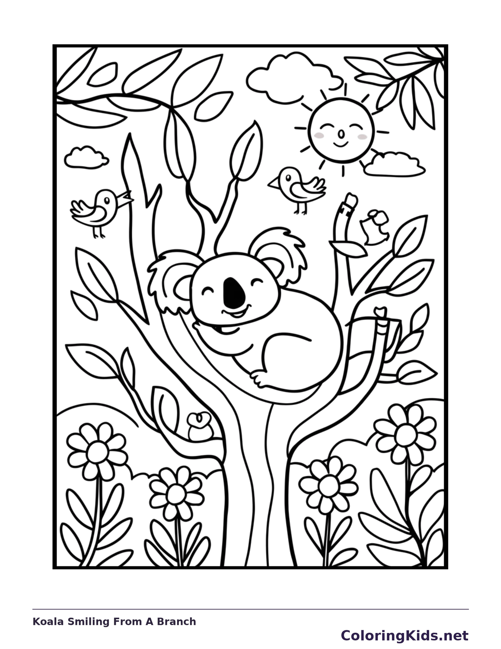 Koala Smiling From A Branch coloring page: black and white line art to print or color online