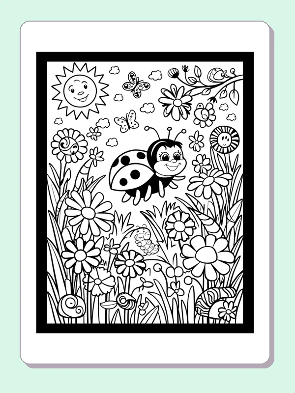 Flying Ladybug Over A Crowded Meadow coloring page: black and white line art to print or color online