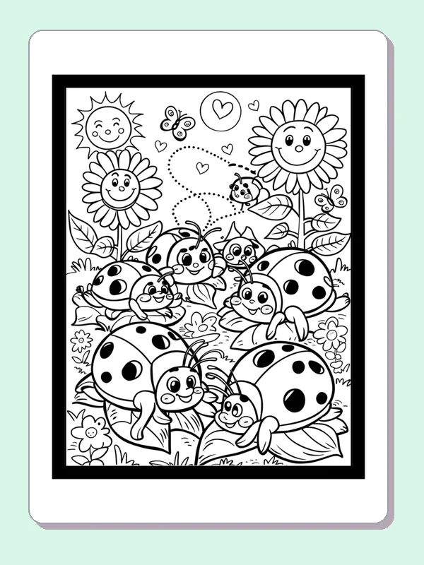 Ladybug Family In A Flower Patch coloring page: black and white line art to print or color online