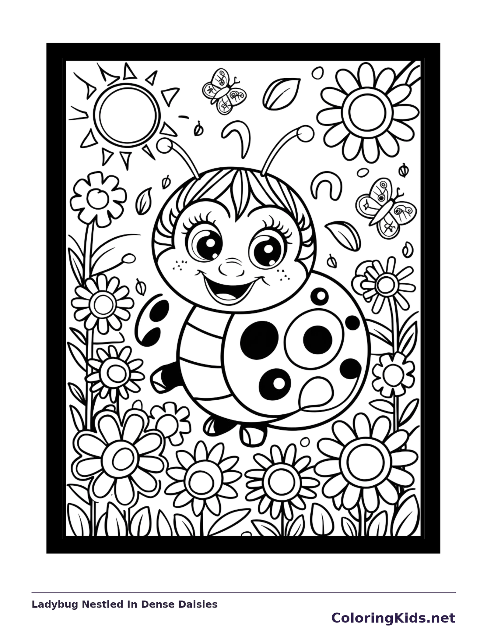 Ladybug Nestled In Dense Daisies coloring page: black and white line art to print or color online