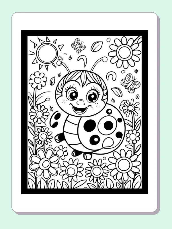 Ladybug Nestled In Dense Daisies coloring page: black and white line art to print or color online