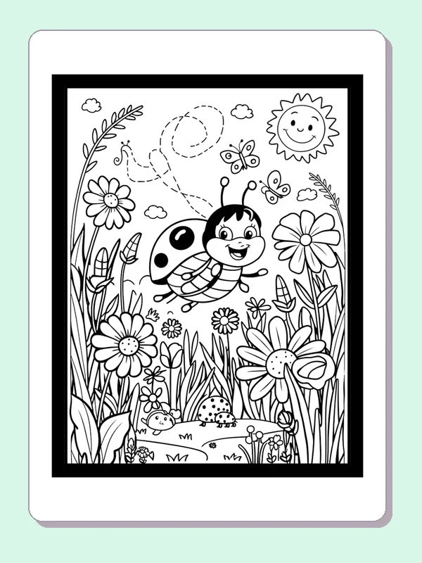 Ladybug Zipping Past Two Daisies coloring page: black and white line art to print or color online