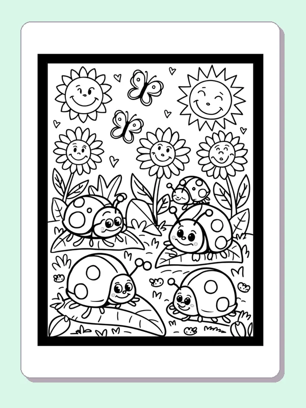 Ladybugs Meeting Below Smiling Flowers coloring page: black and white line art to print or color online