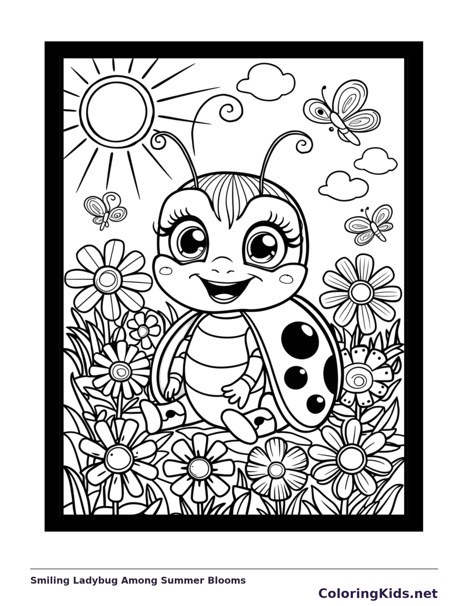 Smiling Ladybug Among Summer Blooms coloring page: black and white line art to print or color online
