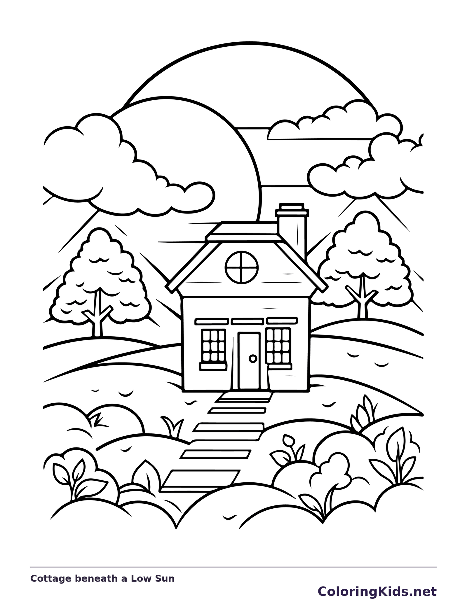 Black-and-white printable cottage beneath a low sun landscape coloring sheet