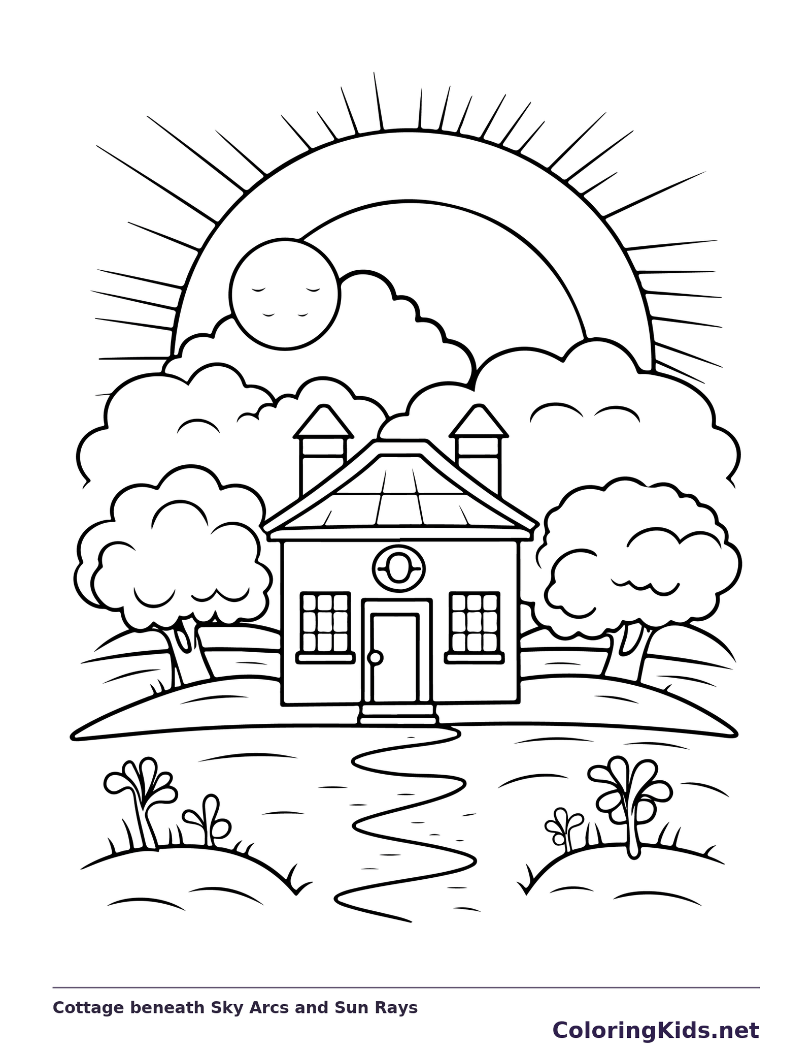 Black-and-white printable cottage beneath sky arcs and sun rays landscape coloring sheet