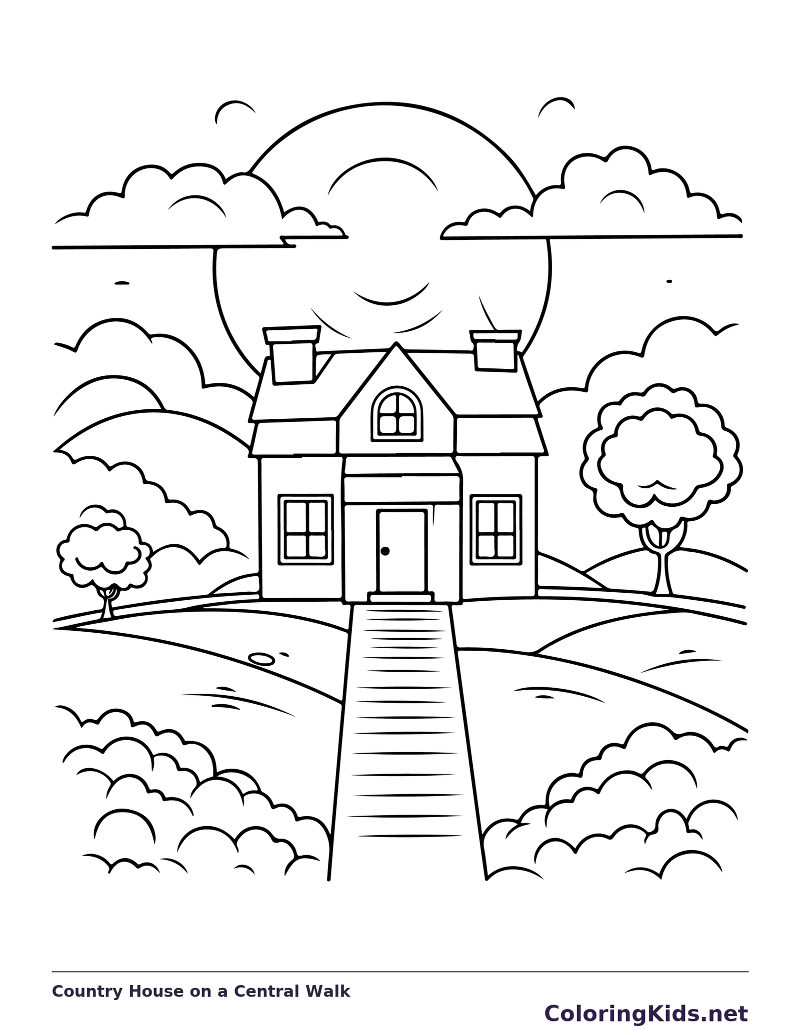 Black-and-white printable country house on a central walk landscape coloring sheet