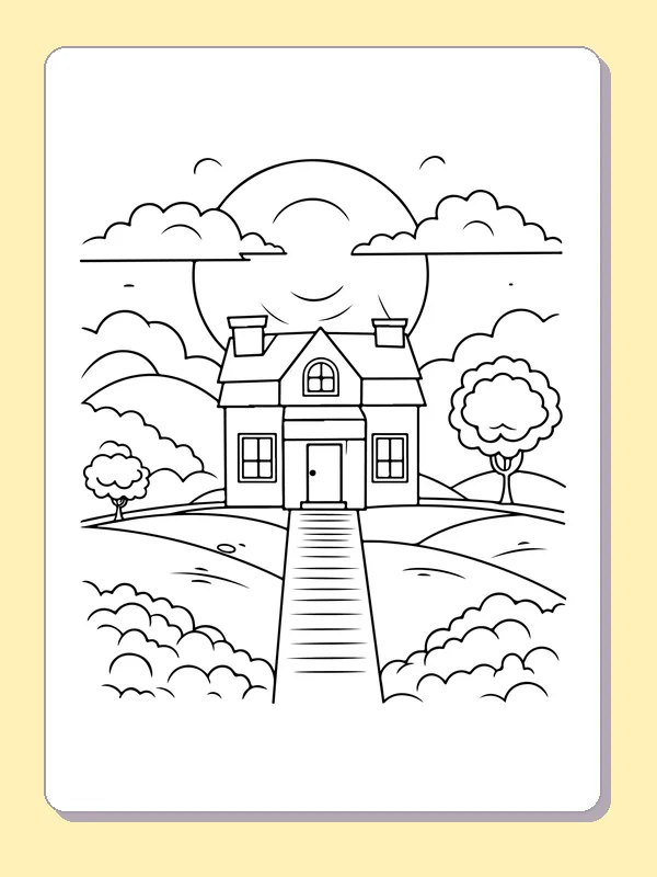 Black-and-white printable country house on a central walk landscape coloring sheet