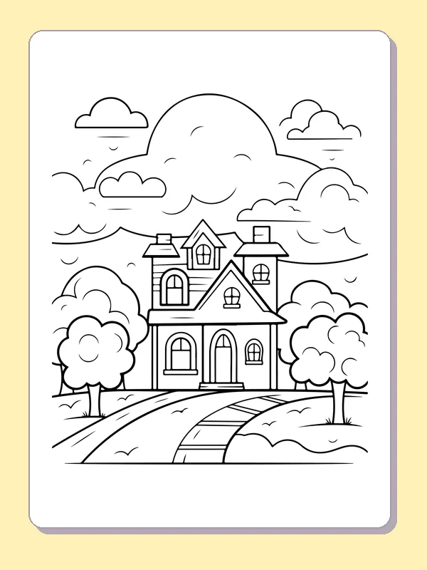Black-and-white printable country house under a round sun landscape coloring sheet