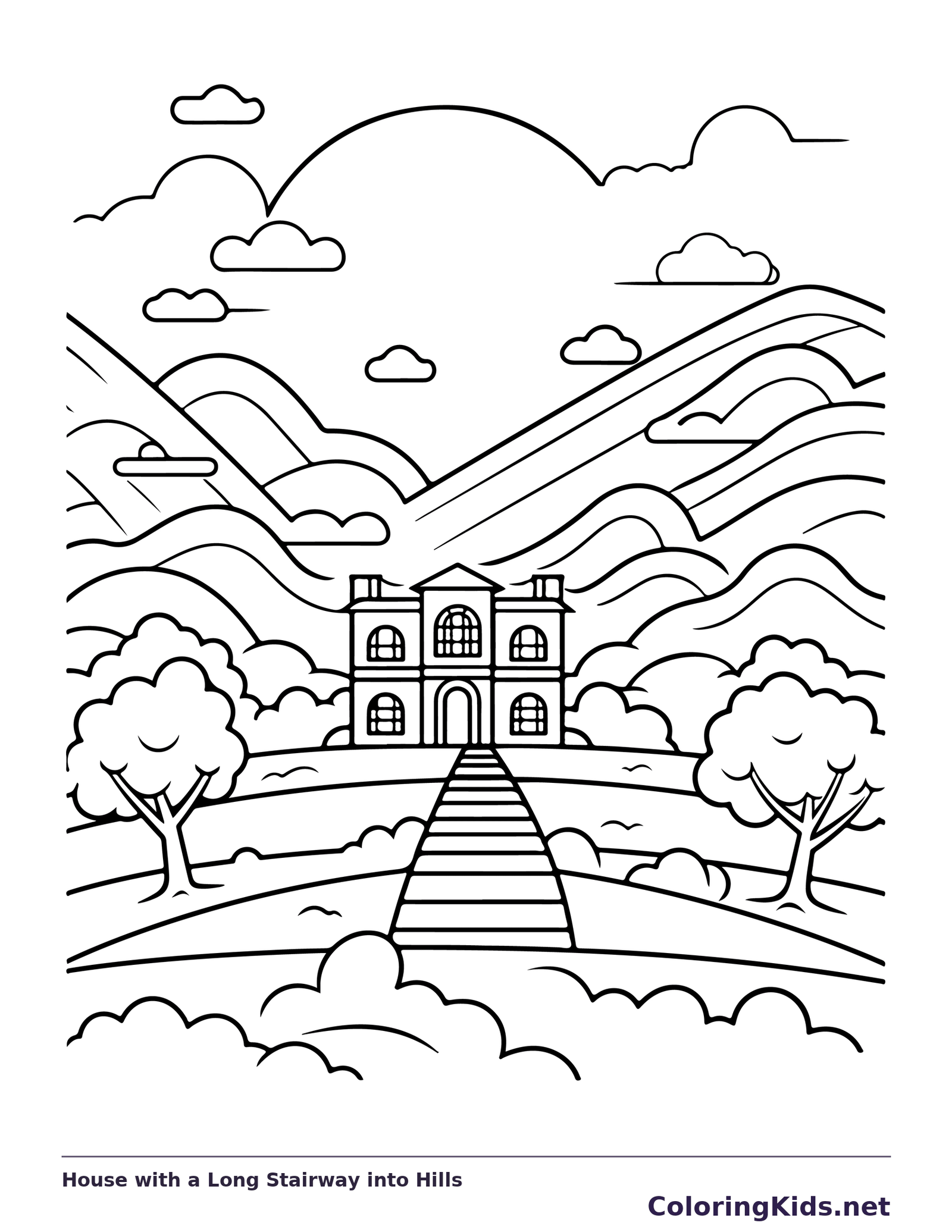 Black-and-white printable house with a long stairway into hills landscape coloring sheet