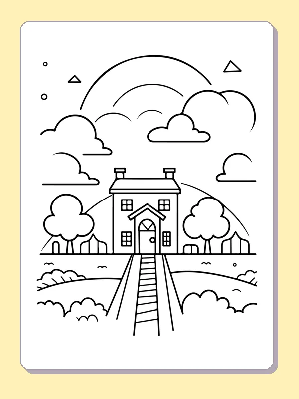 Black-and-white printable simple house at the end of a road landscape coloring sheet