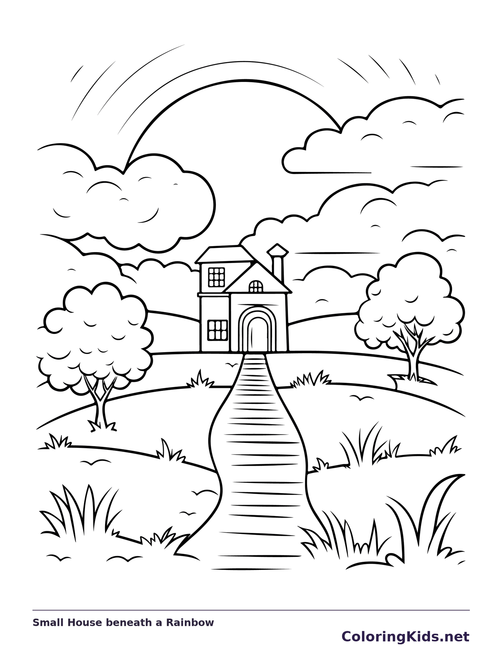 Black-and-white printable small house beneath a rainbow landscape coloring sheet