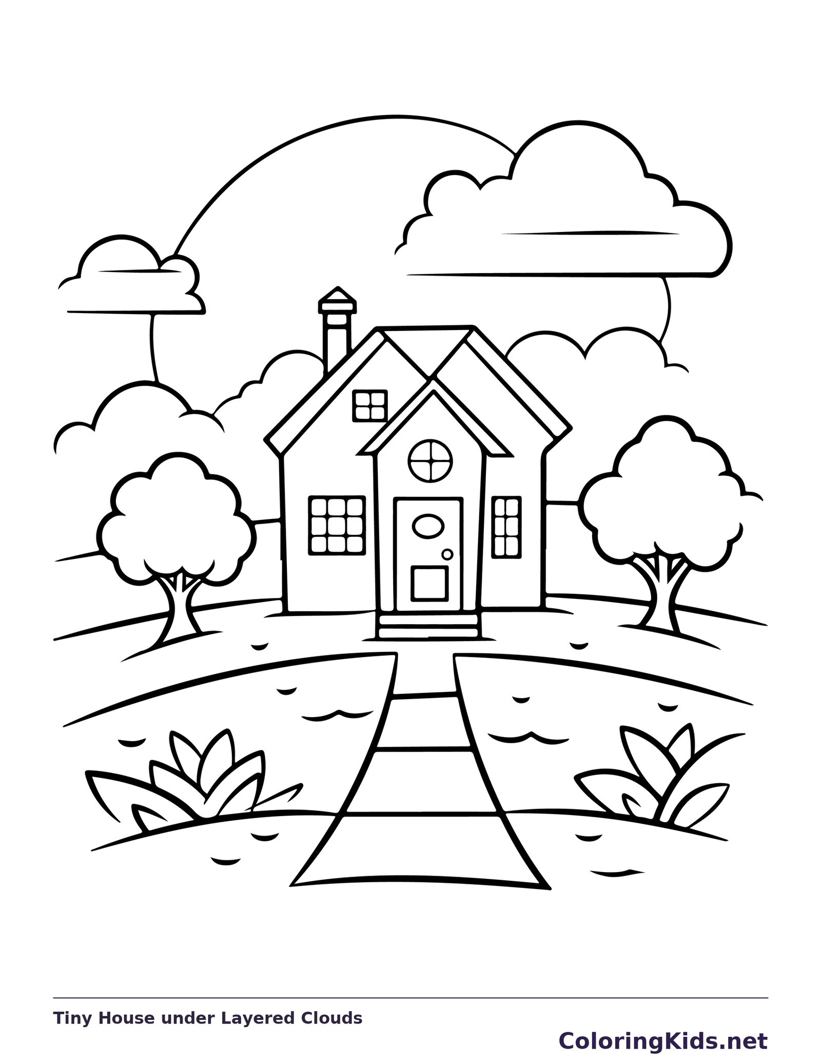 Black-and-white printable tiny house under layered clouds landscape coloring sheet