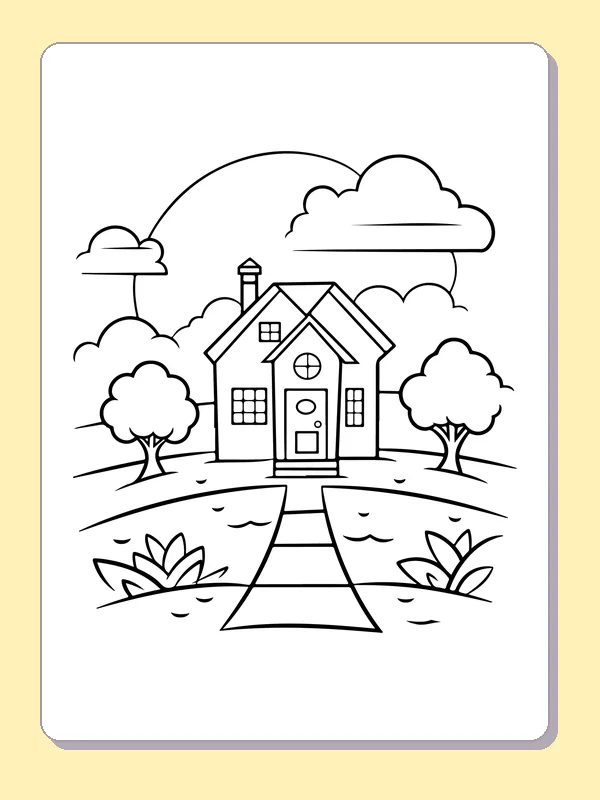 Black-and-white printable tiny house under layered clouds landscape coloring sheet
