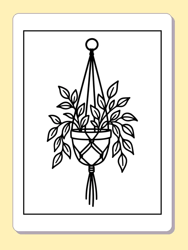 Black and white printable hanging basket of leaves coloring sheet