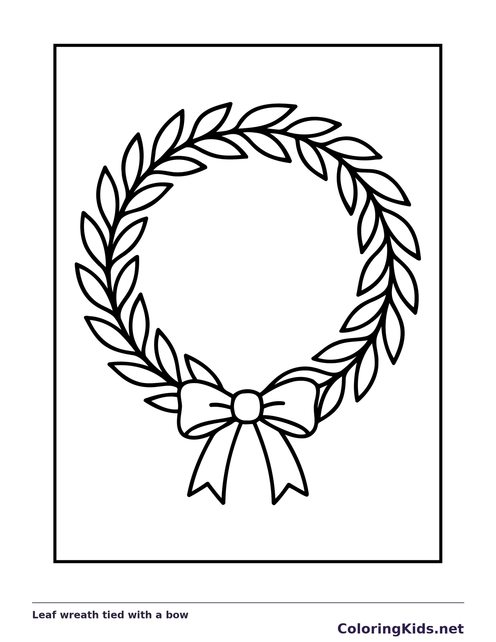 Black and white printable leaf wreath tied with a bow coloring sheet