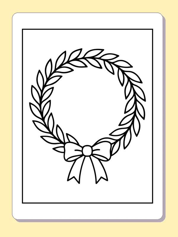 Black and white printable leaf wreath tied with a bow coloring sheet