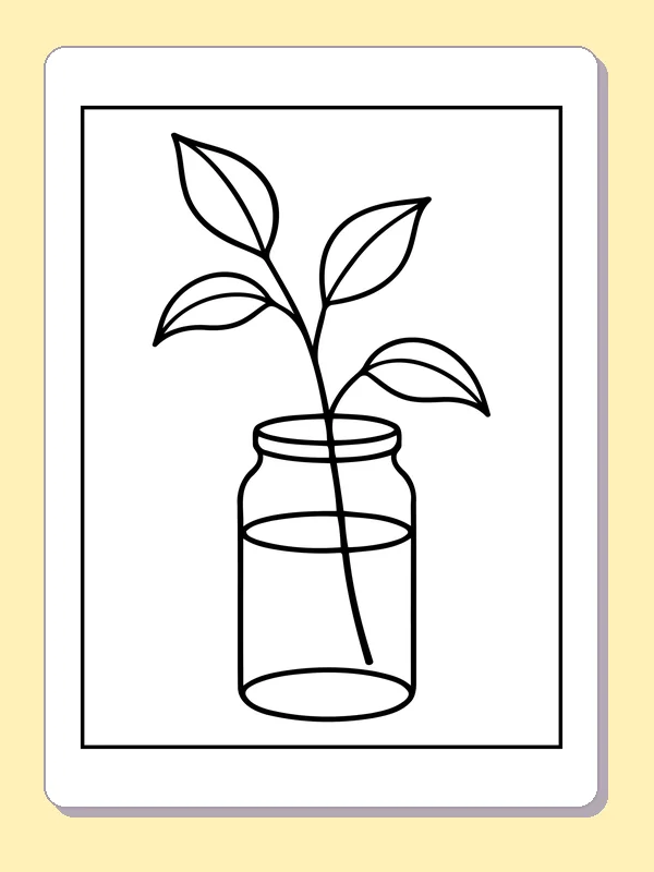 Black and white printable leafy cutting in a glass jar coloring sheet