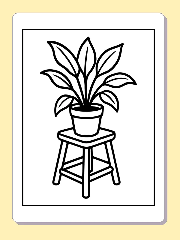 Black and white printable potted leafy plant on a stool coloring sheet