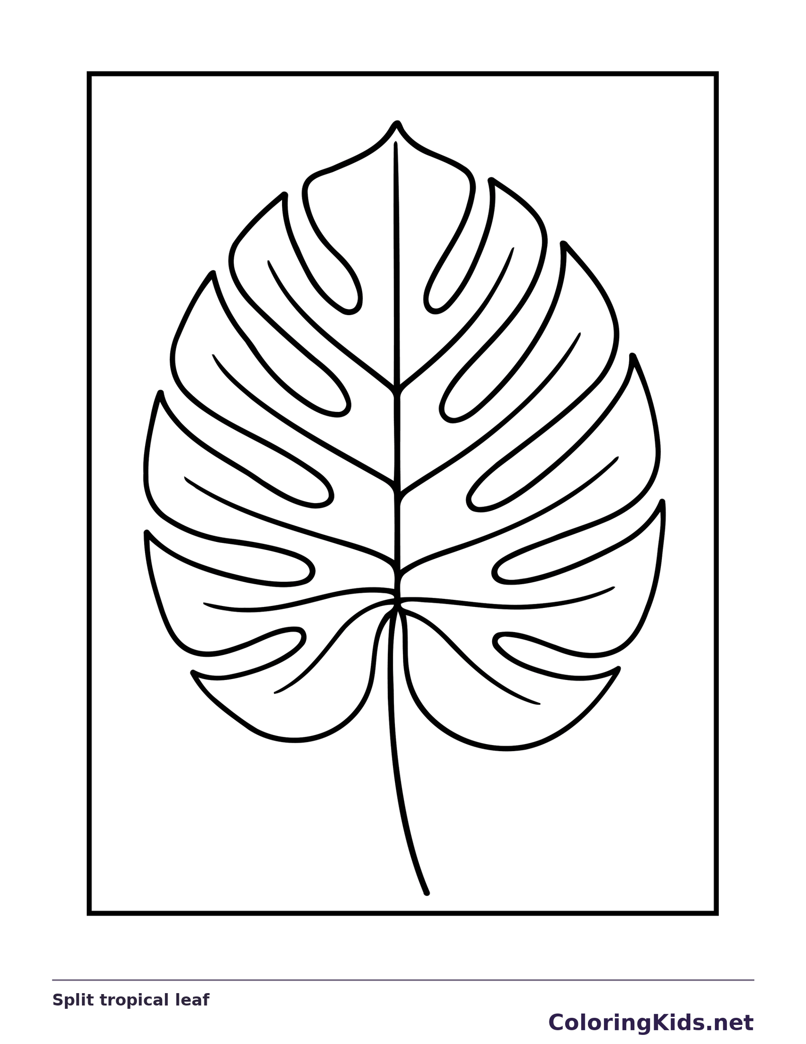 Black and white printable split tropical leaf coloring sheet