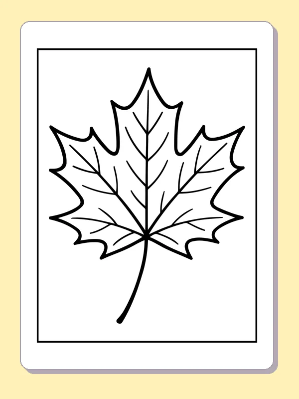 Black and white printable wide maple leaf with veins coloring sheet