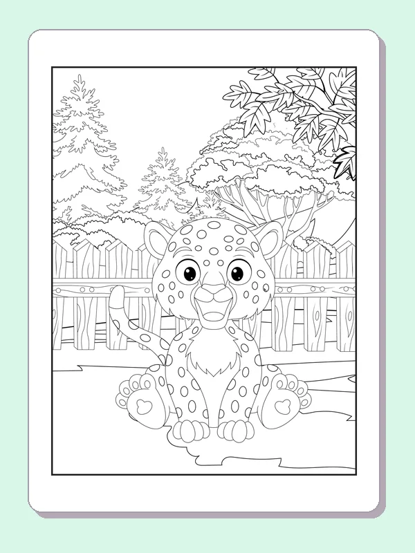 Black and white printable leopard coloring page of a Leopard cub facing forward before a woodland fence and dense trees