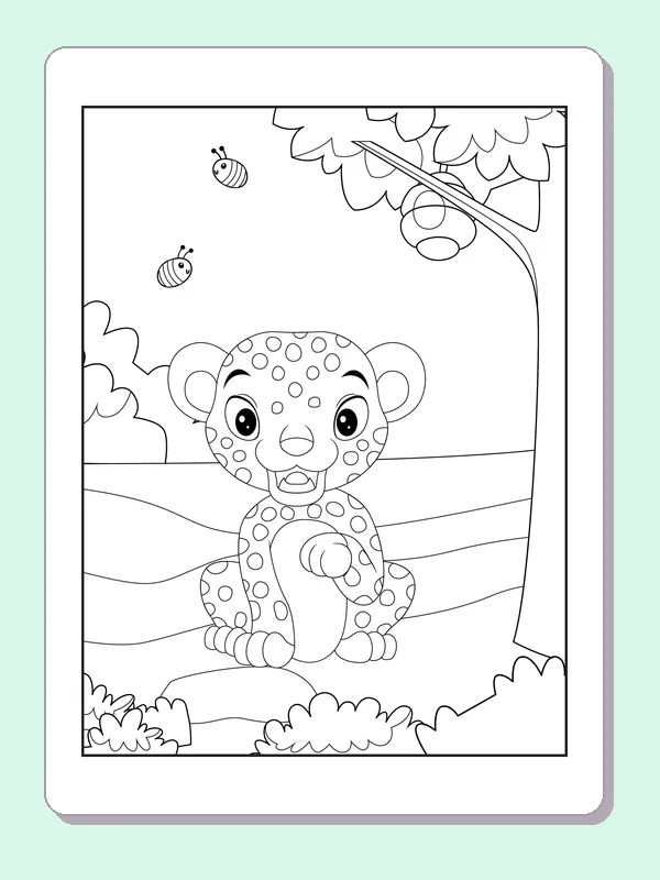 Black and white printable leopard coloring page of a Leopard cub raising a paw under a branch with butterflies