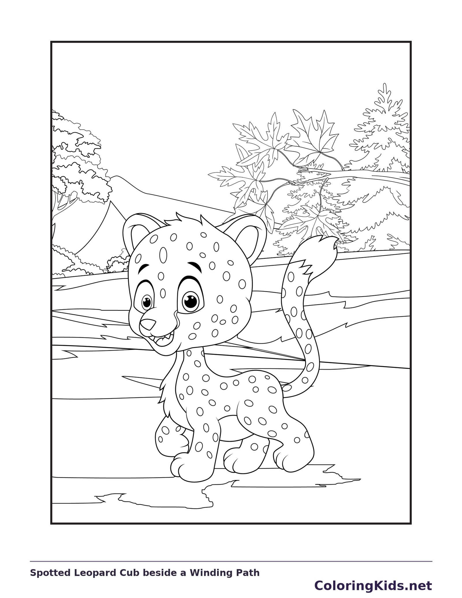 Black and white printable leopard coloring page of a Spotted leopard cub sitting beside a winding path with trees behind