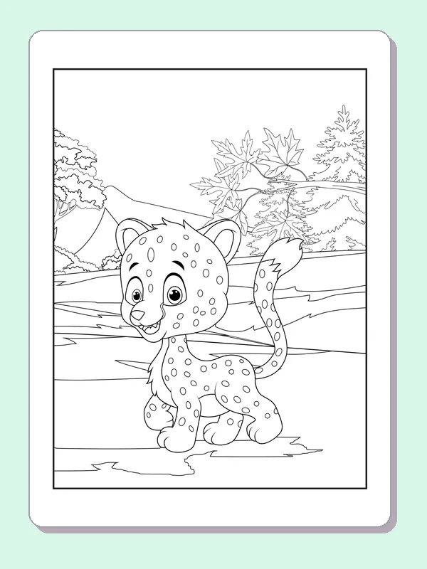 Black and white printable leopard coloring page of a Spotted leopard cub sitting beside a winding path with trees behind