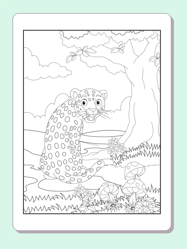 Black and white printable leopard coloring page of a Leopard looking back beside layered water, rocks and foliage