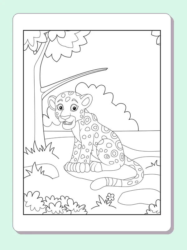Black and white printable leopard coloring page of a Spotted leopard cub sitting on a low rock beneath a tree