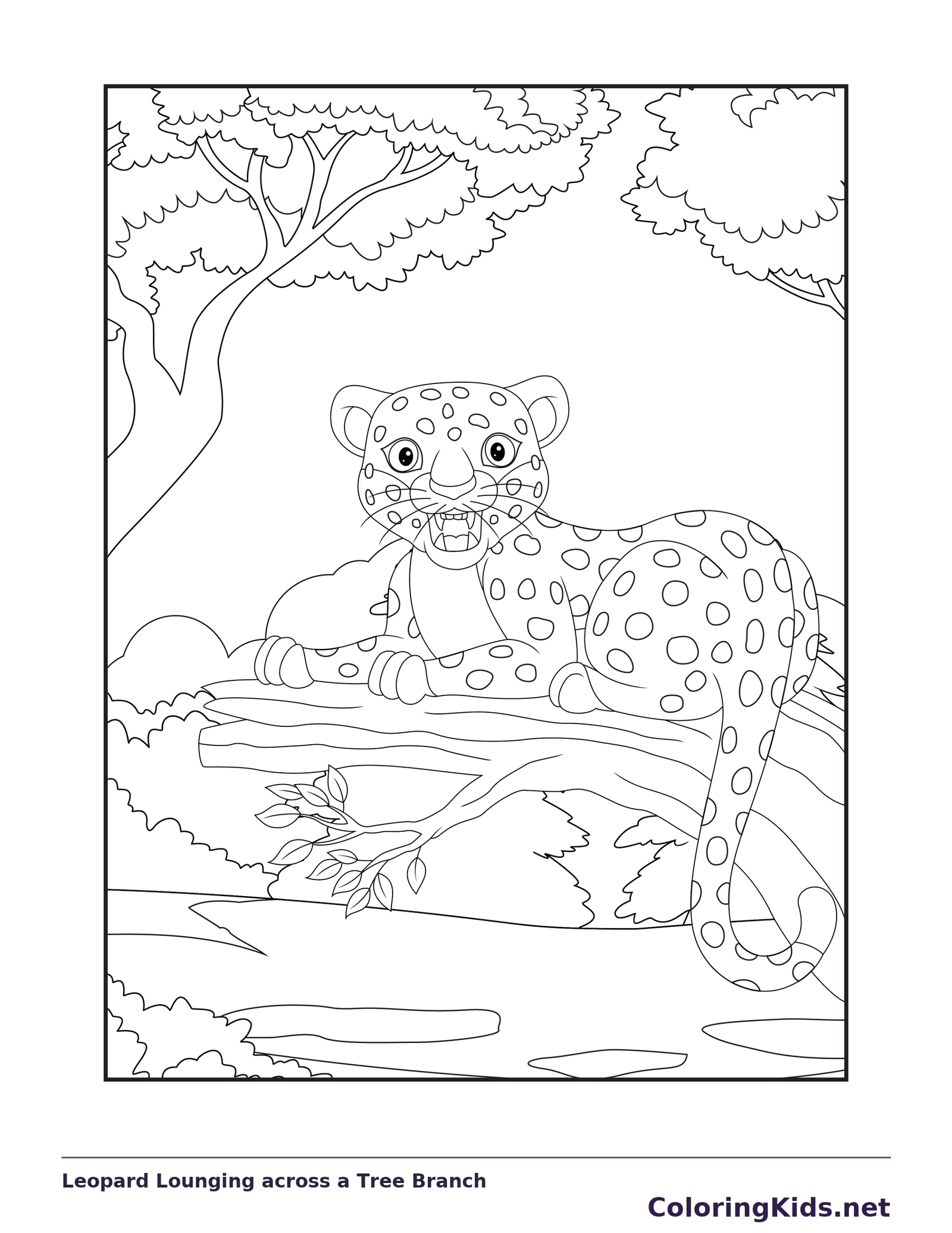 Black and white printable leopard coloring page of a Leopard with open mouth lounging across a branch and dangling tail