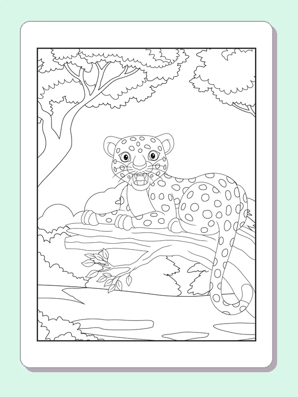 Black and white printable leopard coloring page of a Leopard with open mouth lounging across a branch and dangling tail