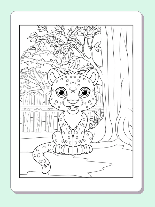 Black and white printable leopard coloring page of a Seated leopard cub beside a tall tree with fence and layered leaves