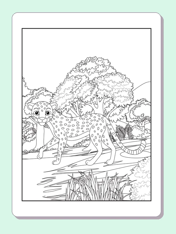 Black and white printable leopard coloring page of a Leopard walking along a fallen log among dense woodland plants