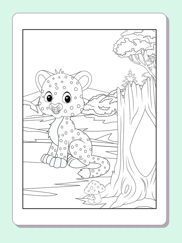 Black and white printable leopard coloring page of a Little seated leopard cub beside a thick tree trunk