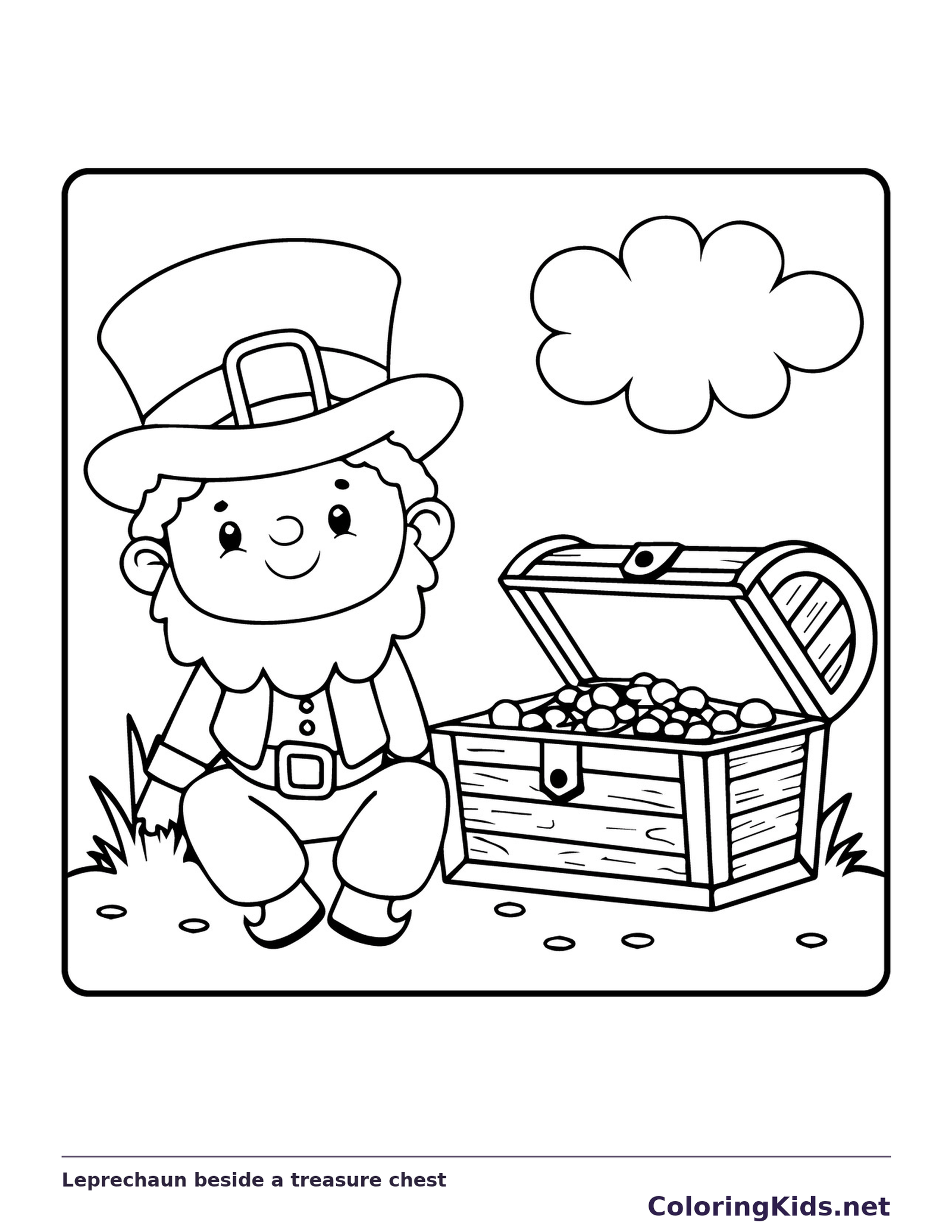 Black and white printable leprechaun beside a treasure chest coloring sheet