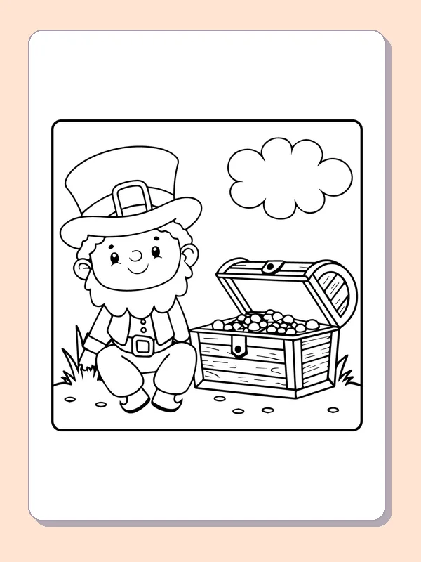Black and white printable leprechaun beside a treasure chest coloring sheet