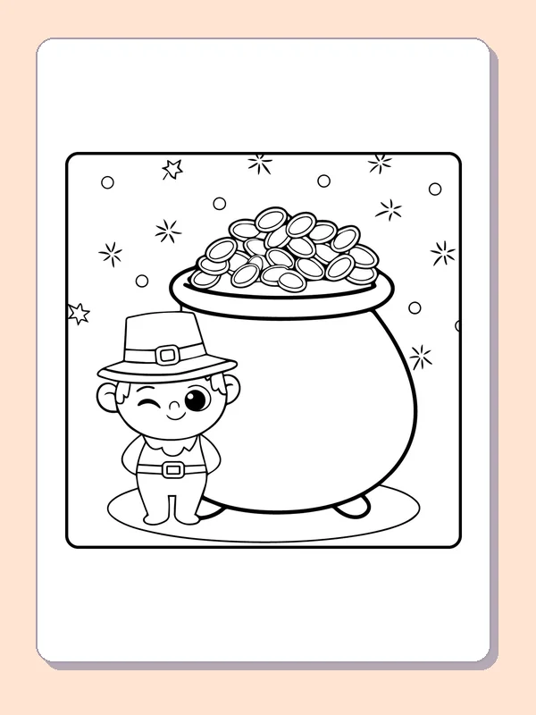 Black and white printable leprechaun beside an overflowing pot coloring sheet