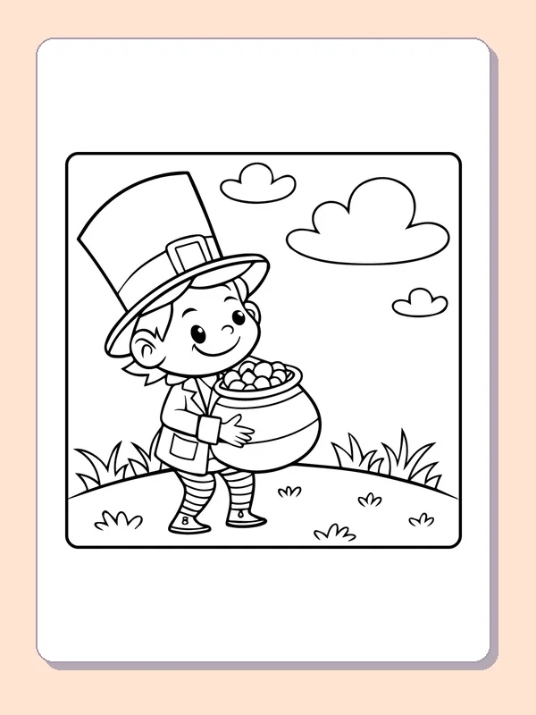 Black and white printable leprechaun carrying a pot of gold coloring sheet