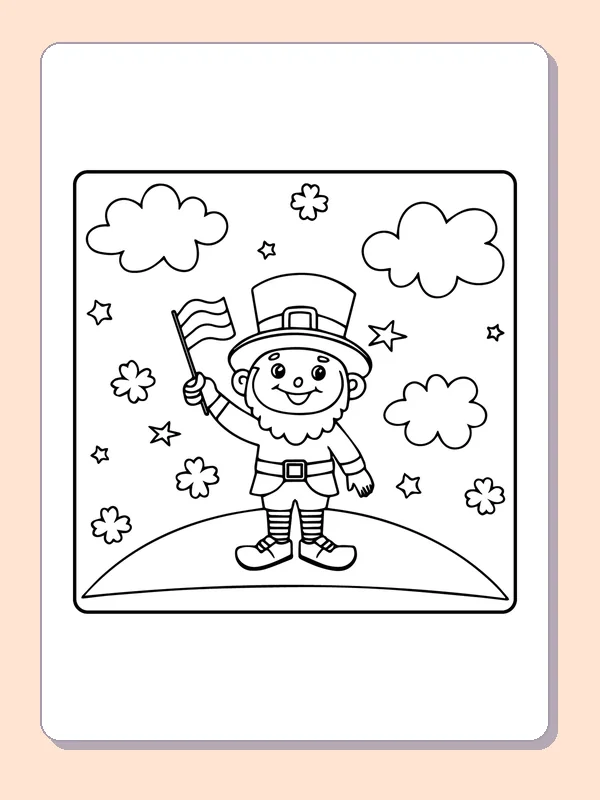 Black and white printable leprechaun carrying a striped flag coloring sheet