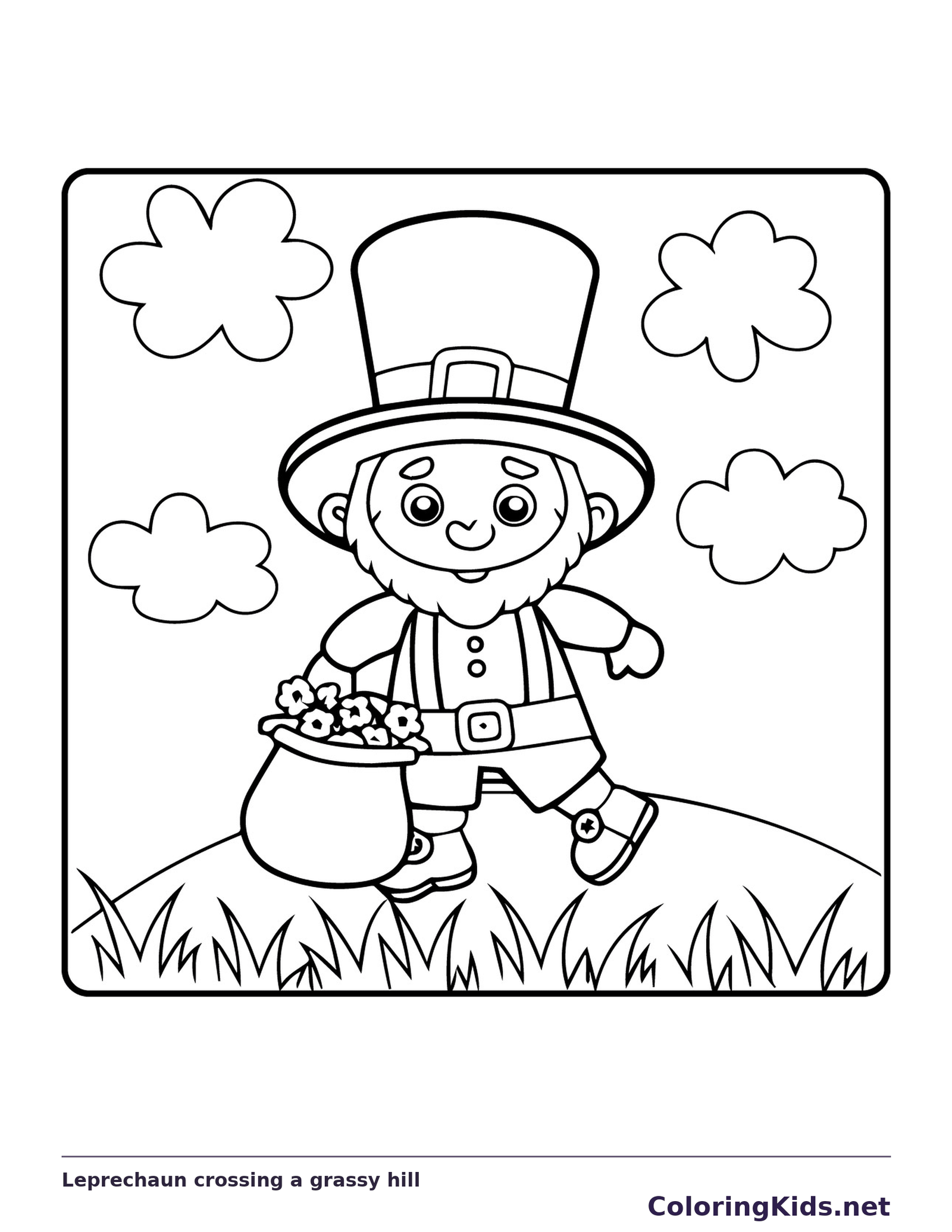 Black and white printable leprechaun crossing a grassy hill coloring sheet